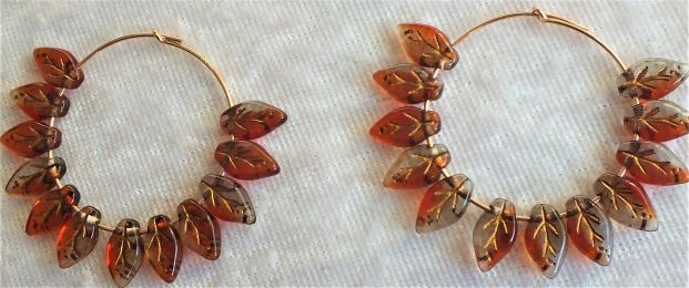 Czech glass-Red leaves with gold veining on 1" diameter rose-gold hoops.