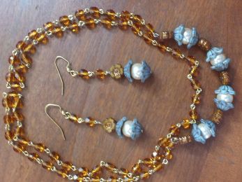 Amber Bead Chain, Swarovski Pearls & Spring Flowers, Necklace/Earrings set.