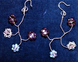 Twisted Sterling Silver Wire, Glass Beads and Swarovski Crystal flowers