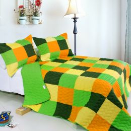 [Energetic] 3PC Vermicelli-Quilted Patchwork Quilt Set (Full/Queen Size)