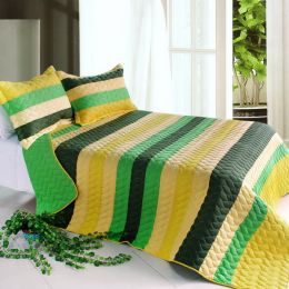[Green World] 3PC Vermicelli-Quilted Striped Quilt Set (Full/Queen Size)