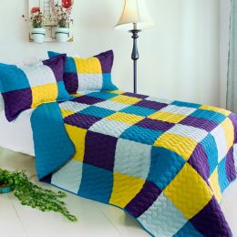 [Rhapsody] 3PC Vermicelli-Quilted Patchwork Quilt Set (Full/Queen Size)